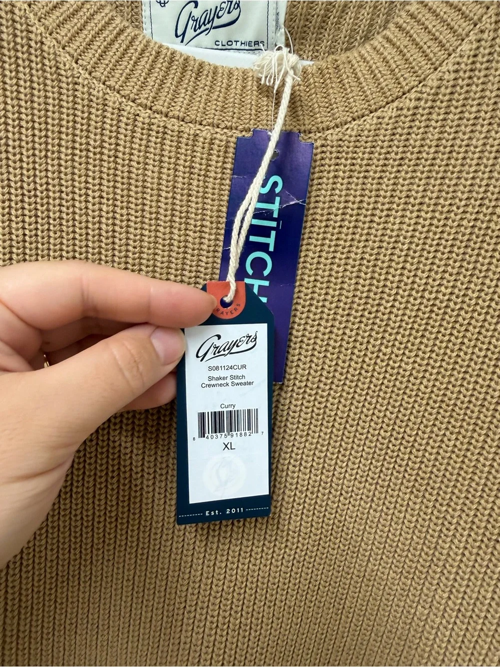 NWT Grayers Shaker Stitch Cotton Crewneck Sweater Curry, Size XL